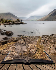 美丽的长曝光风景图像浪费水在英国湖区出来的页面在故事书