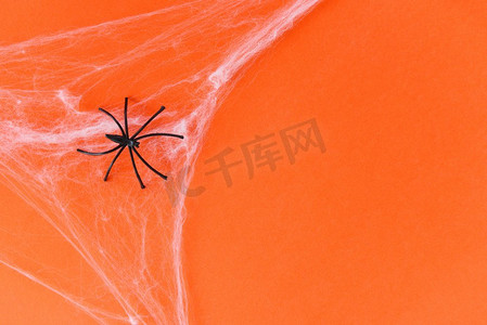 万圣节背景与蜘蛛网和黑色蜘蛛在橙色装饰节日聚会配件对象概念的节日 