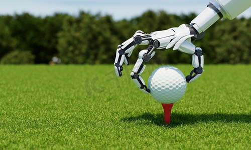 tee摄影照片_机器人手臂把高尔夫球在发球台作为球童或球员与球道绿色背景。体育运动和技术概念。3D插图渲染
