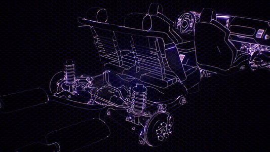 引擎摄影照片_3D线框汽车模型的全息动画与引擎和水獭技术部件。带发动机的3D线框汽车模型的全息动画