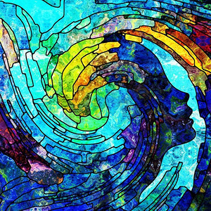教堂玻璃设计的人的脸和彩色漩涡波的主题灵性，创造力，想象力和艺术