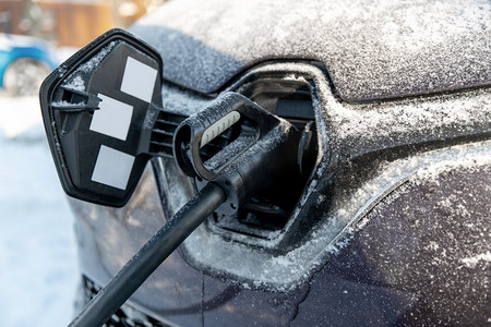 汽车、动力、绿色能源理念--冬季电动汽车充电电池特写。冬季电动汽车充电特写