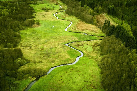 弯曲的河流运行通过绿色区域与领域和森林从上面看到