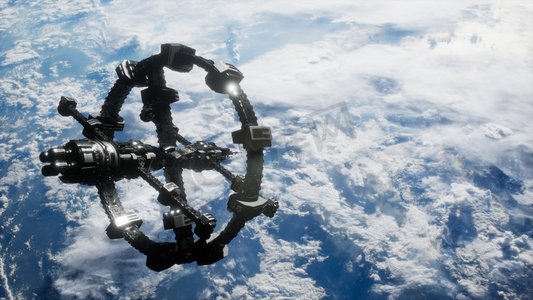 地球与外层空间站。这张照片的元素由NASA提供。地球和外层空间站