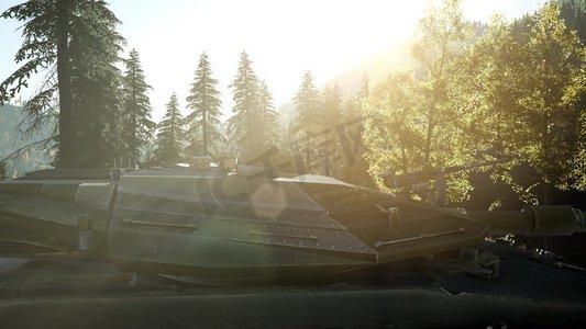 日落时分森林里的生锈的旧坦克