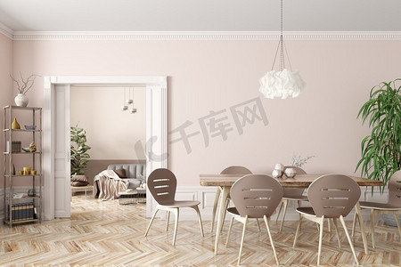 现代餐厅和客厅内部，米色桌子和椅子对墙有门3d渲染