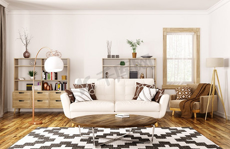 现代住宅室内设计，客厅配有米色沙发，茶几3D渲染