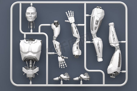 带有未来主义机器人部件的模型套件。3D插图。带有未来主义机器人部件的模型套件。