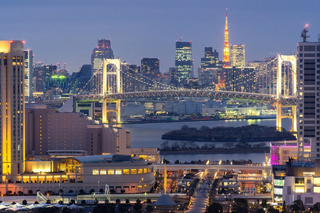 东京鸟瞰图与东京塔和彩虹桥与东京城市风景在背景从台场日本。
