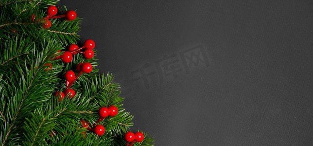 圣诞边框用新鲜的冷杉树枝和红色浆果排列在黑色纸张背景上，文字复制空间。冷杉树枝的圣诞边框