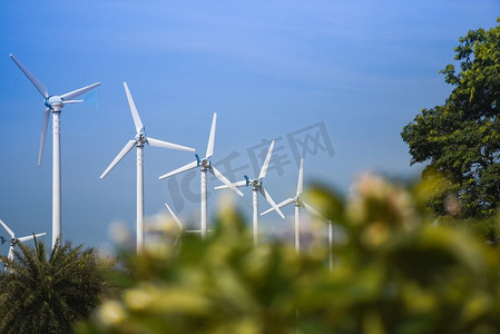 风电景观自然能源绿色生态发电理念风电农场蓝天背景