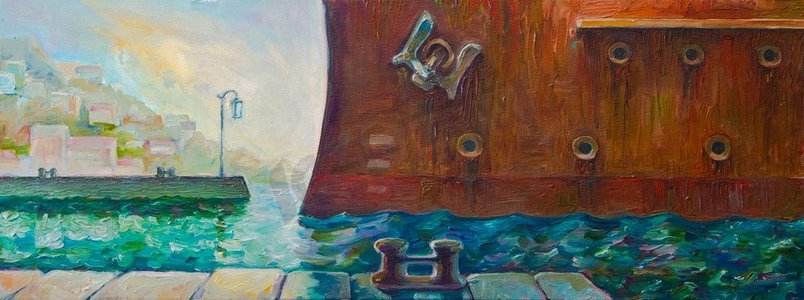 生锈的战列舰。一幅油画，画的是一艘老旧、锈迹斑斑的战舰驶向码头(亚历克斯·特苏珀的作品)。
