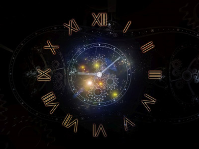 时空。时间系列的面孔科学、教育和现代技术学科时钟刻度盘和抽象元素的组成