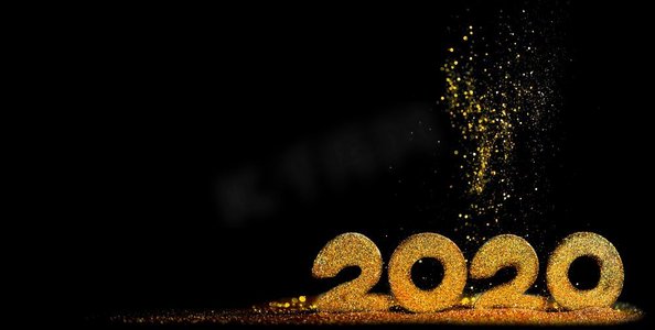 2020圣诞摄影照片_2020新年奢华设计理念。金色2020新年水平模板与金色闪光在黑色背景。2020新年豪华设计