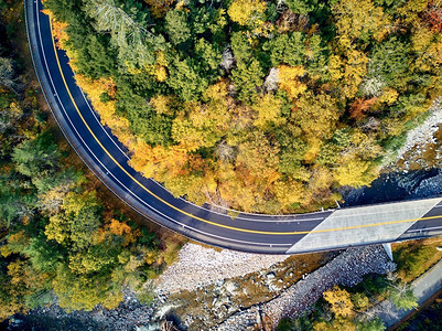 风景莫霍克小径蜿蜒的公路在秋天，马萨诸塞州，美国.秋天在新英格兰。空中无人机射击。 