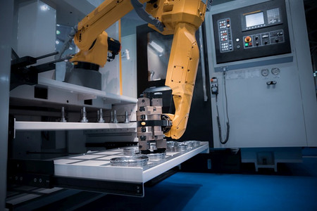 机械臂生产线现代工业技术。自动化生产单元。