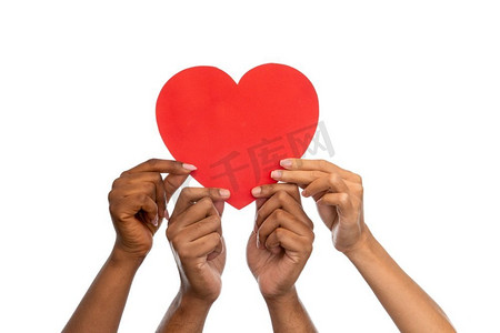 慈善，爱和健康概念—关闭手拿着红色的心在白色背景。关闭的手举行红色的心脏