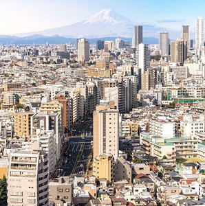 东京地平线和摩天大楼建筑物鸟瞰图在新宿区在东京与山富士山在背景