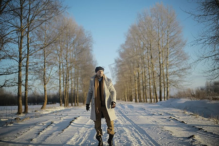 穿着大衣/冬季风格的时髦男子，在冬季风景的背景下行走，下雪的天气，保暖的衣服