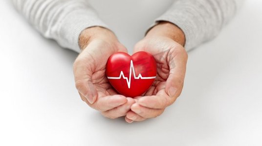 健康、慈善、民心--老人手持红心与心电图线特写。老年男子手持红心配心电图线