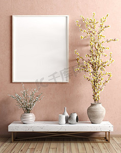 现代客厅内部，木质侧桌，带树枝的花瓶和珊瑚灰泥墙壁上的模拟海报，3D渲染