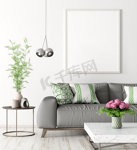 客厅的现代室内装饰，有灰色的沙发、咖啡桌和墙上的3D模型海报