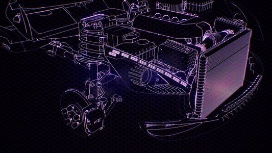 3D线框汽车模型的全息动画与引擎和水獭技术部件。带发动机的3D线框汽车模型的全息动画