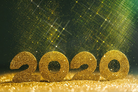 2020新年奢华设计理念。金色2020新年水平模板与金色闪闪发光的蓝色背景。2020新年奢侈品设计