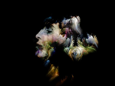 彩色星云烟雾摄影照片_女性面孔和梦幻元素的超现实插图的主题潜意识，梦，心灵，诗歌和内心世界。