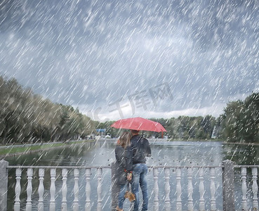 雨在秋天公园/年轻的25岁夫妇男人和女人走在伞下在潮湿的雨天，走十月情人