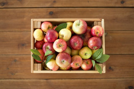 水果，食物和收获的概念-成熟的苹果放在餐桌上的木箱里。成熟的苹果放在桌子上的木箱里