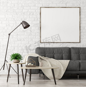 海报咖啡摄影照片_客厅内饰现代，配有黑色沙发、木质茶几和砖墙上的实体海报，3D渲染