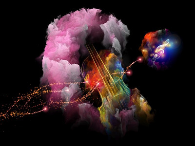 超现实主义小提琴、星云和高音谱号作曲，主题为音乐与表演艺术。