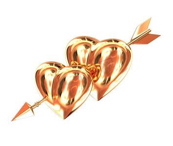 两个黄金心脏被一个金色的箭头孤立在白色背景。丘比特之箭。’ 3D插图。