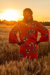 非洲妇女在非洲穿着传统衣服站在她的臀部她的手在大麦或小麦作物领域在日落或日出