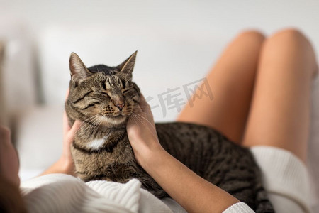 宠物，舒适，休息和人的概念—快乐的年轻妇女与猫躺在床上在家里。快乐的年轻妇女与猫躺在床上在家里