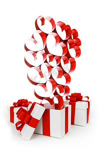 礼物装在白色盒子里，上面有红色的丝带，还有白色背景上孤立的心形图案。礼物和心在白色上