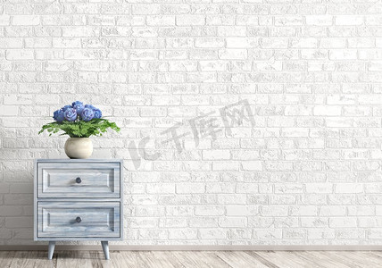 客厅的内部背景是蓝色的木柜和花瓶，白色砖墙上挂着一束玫瑰花。家居装饰。3D渲染