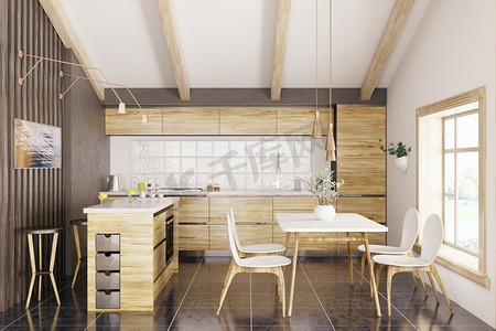 现代厨房采用白色花岗岩台面、窗户、桌椅内部3D渲染