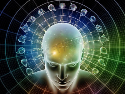 《思考的能量》系列。人头被抽象的分形结构包围着，以说明人类思维的运作。