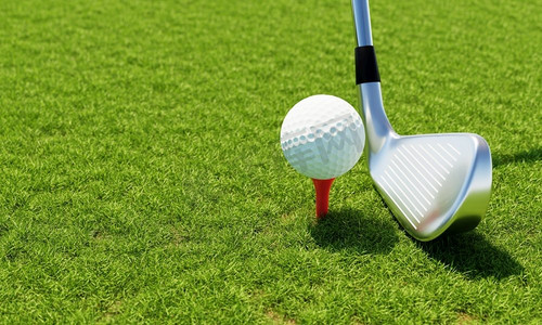 tee摄影照片_高尔夫球和高尔夫球杆与球道绿色背景。运动和运动概念。3D插图渲染