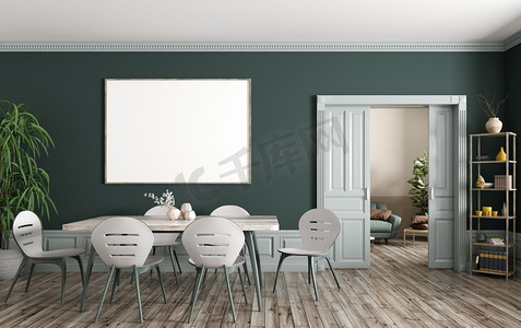 现代餐厅和起居室，木桌子和椅子反对绿色墙壁有大模拟海报框架，滑动门3d渲染的内部