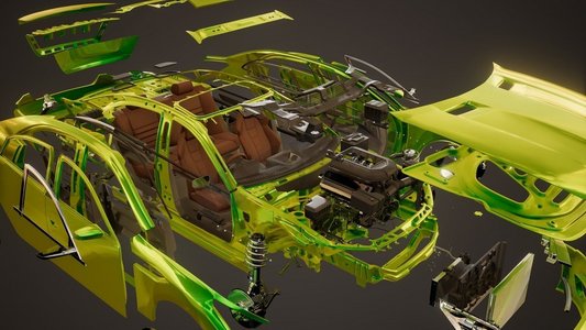 拆卸的汽车与可见的部件和发动机。可拆卸的汽车部件可见