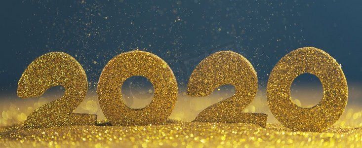 2020新年奢华设计理念。金色2020新年水平模板与金色闪光在蓝色背景。2020新年豪华设计