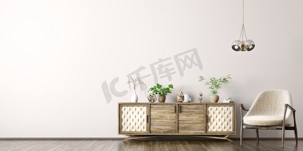 客厅的现代内部与木橱柜和扶手椅3d渲染
