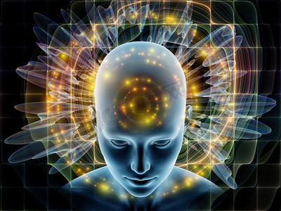 思想的能量系列人类的头部被抽象的分形结构包围，以说明人类思维的运作。