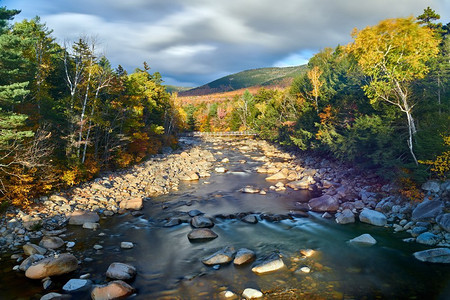 汉普郡摄影照片_秋天，斯威夫特河瀑布在白山国家森林，新罕布什尔州，美国。秋天在新英格兰。 