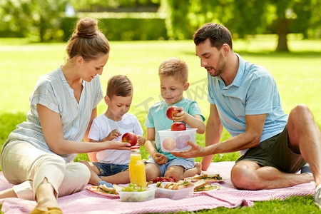 家庭，休闲和人的概念—快乐的母亲，父亲和两个小儿子在夏季公园野餐。快乐的家庭有野餐在夏天公园