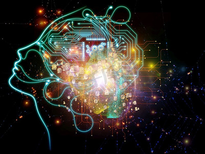 虚拟思维系列。人类头部与CPU组件集成，主题为人工智能、现代技术和计算机科学。