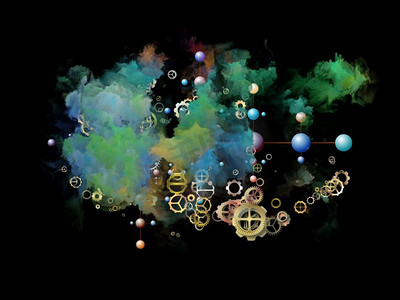 彩色星云烟雾摄影照片_云网络系列现代技术主题齿轮、分子符号和彩色烟雾的构成。